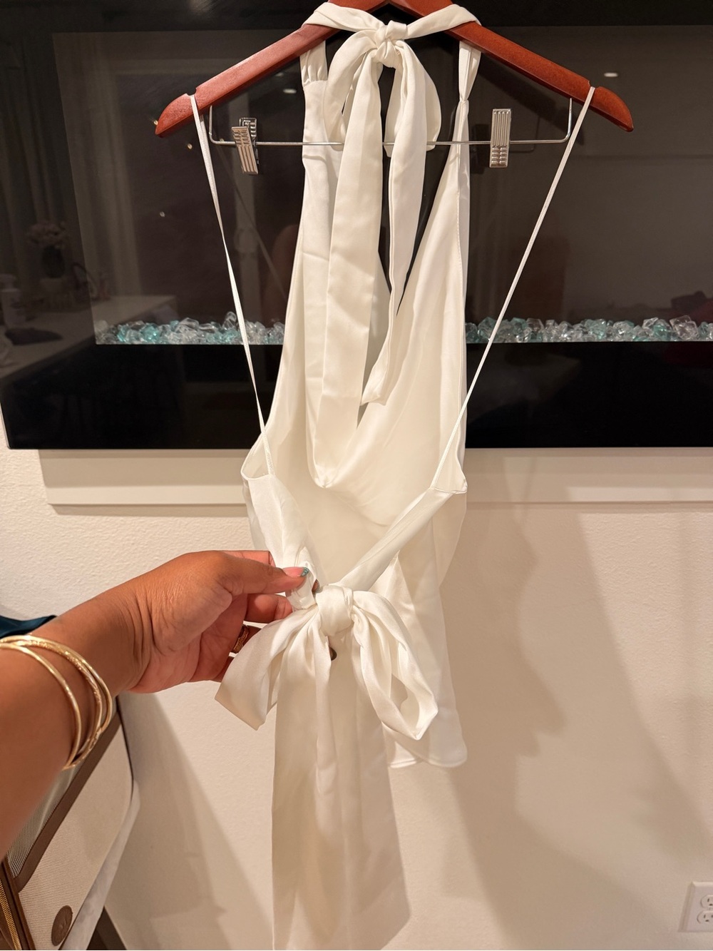 Zara White Satin Cowl Halter Top with Open-Tie Back - Picture 3 of 5